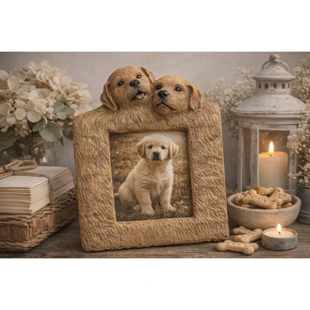 Vintage Puppy Dog Picture Frame Resin Golden Retriever Style 7x5 Photo Kitschy